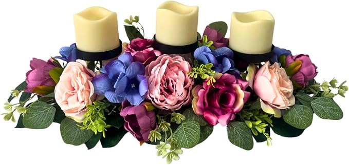 Svndlyn 25" Spring Summer Floral Candle Holder Centerpiece for Table Decor | Triple Candle Cups with Pink Roses, Blue Blooms and Greenery for Table and Summer Decor
