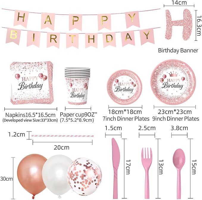 Rose Gold Birthday Party Supplies,212Pcs Disposable Party Decorations Includes Disposable Paper Plates, Napkin, Fork, Knives Spoons Cup, Tablecloth, Banner Balloons Straws for 24 Guests
