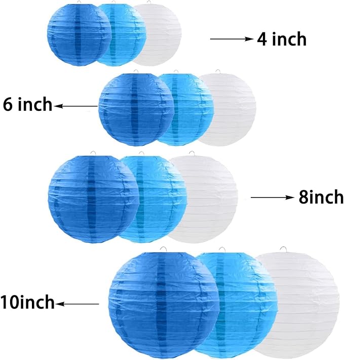 CC wonderland zone 12pcs Blue Hanging Paper Lanterns,Round Paper Lanterns for Birthday,Baby Shower,Wedding,Party,Home Ceiling Decoration（4" 6" 8" 10" ）