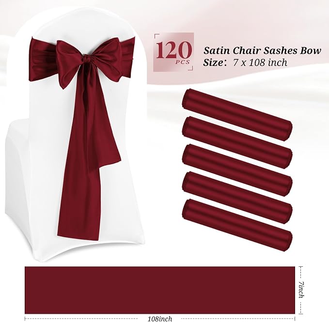 Pesonlook 120 PCS Burgundy Satin Chair Sashes Bows,Satin Chair Sashes Universal Chair Cover for Wedding Reception Restaurant Event Decoration Banquet,Party,Hotel Event Decorations (7 x 108 inch)