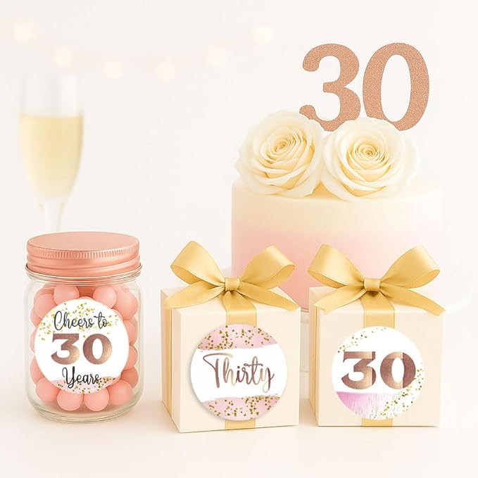 30th Birthday Sticker Labels by Adore By Nat – Rose Gold Party Favor Stickers for Women – 2 Inch Round - Set of 30