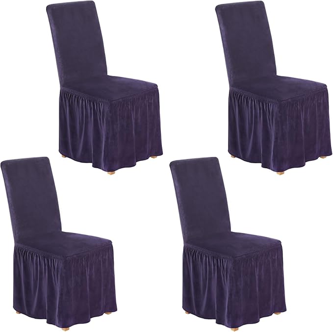 NICEEC Spandex Chair Covers for Dining Chairs Covers Set of 4 Removable Dining Room Chair Covers with Skirt Parson Chair Slipcovers Washable Chair Protector for Kitchen Wedding Banquet(Purple)