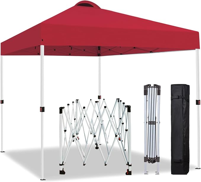 10x10 Pop Up Canopy Tent, One Push Center Lock Instant Setup Folding Shelter, High Strength Steel Frame and Handheld Carry Bag, Ground Stakes and Wind Ropes for Camping, Parties, Red