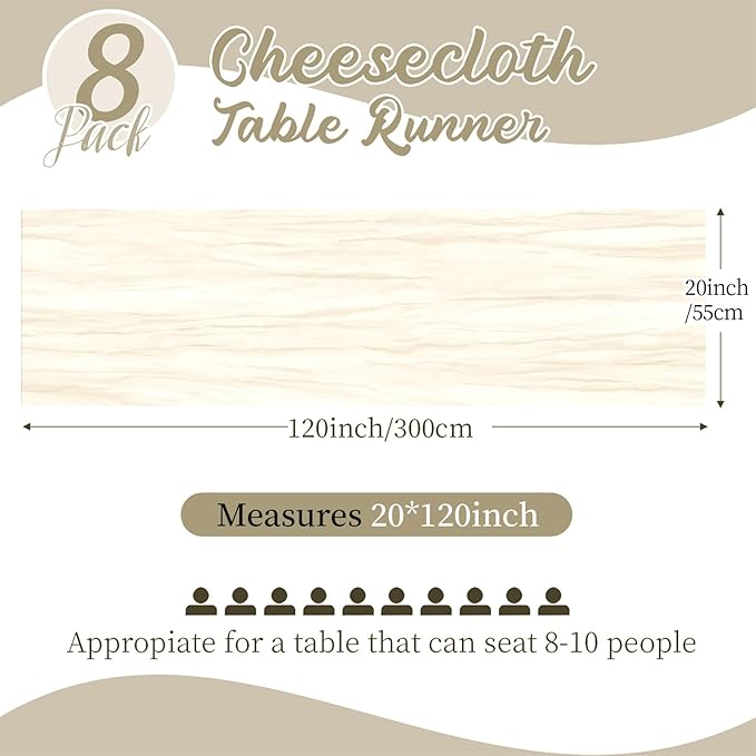 8 Pack Ivory Cheesecloth Table Runners 20x120 Inch Gauze Table Runner 10FT Easter Cheese Cloth Table Runner Rustic Sheer Runner for Wedding Baby Shower Birthday Party Table Decor