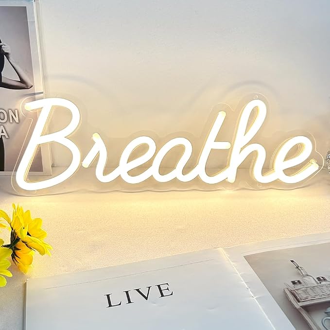 Breathe Neon Sign for Wall Decor by 5V USB Powered, Neon Breathe Signs with Dimmer Switch for Home, Yoga Studio Bedroom Readingroom, Lounge Wall Decoration Size 17x6 inches Warm White Yoga Studio Decor