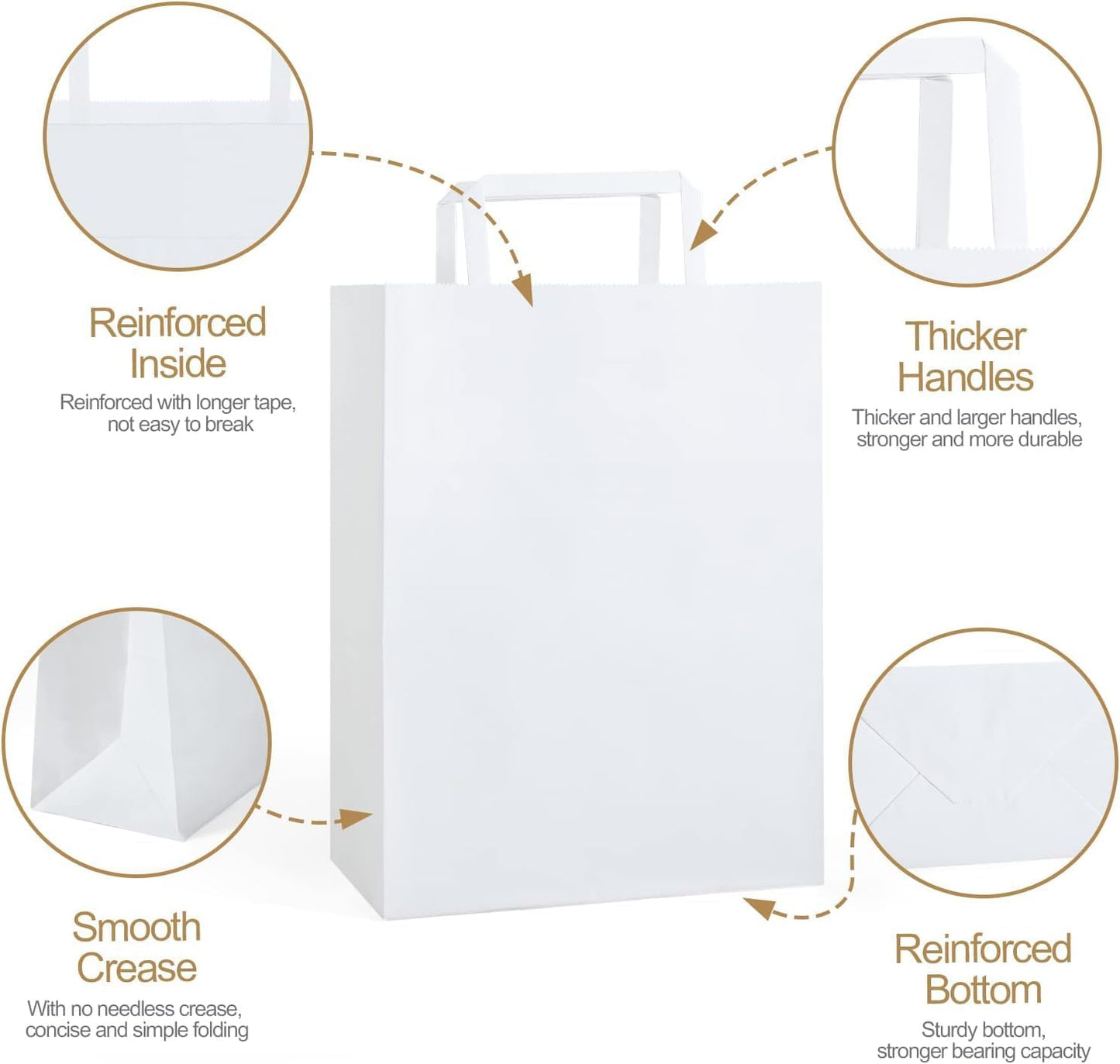 GSSUSA Paper Bags with Handles 10"X5"X13" Gift Bags Medium Size 200 Pack Kraft Paper Bag for Retail Grocery, Take Out Bag (White