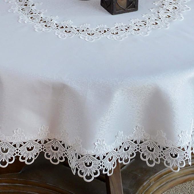 ARTABLE Round Tablecloth Lace Rustic Macrame Embroidered Table Cloths for Harvest Dresser Decor Farmhouse Kitchen Home (White, 90" Round)