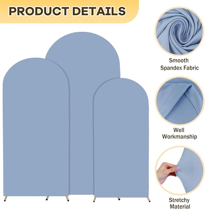Dusty Blue Wedding Arch Cover 6FT 6.6FT 7.2FT Spandex Arch Covers Stretchy Backdrop Set of 3 Double Sided Arch Stand Cover Round Top Arch Frame Covers for Wedding Party Ceremony Decoration