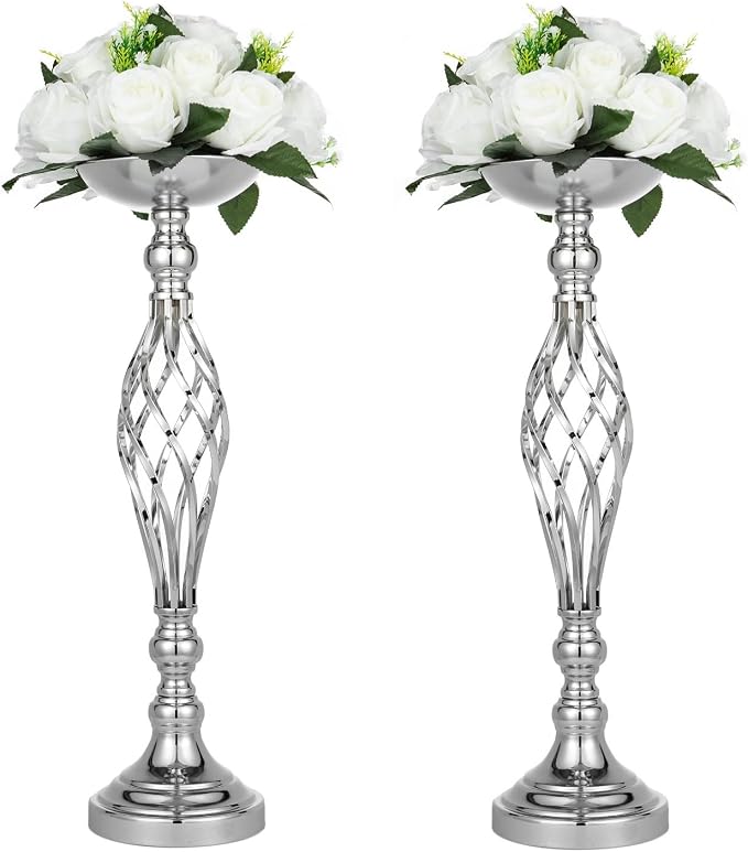 Silver Wedding Vases for Table Centerpieces - 2pcs of Twist Candleholder Stands, Elegant Floral Arrangement Vases, Metal Centerpieces for Reception Table Wedding Road-Leading Home Decor
