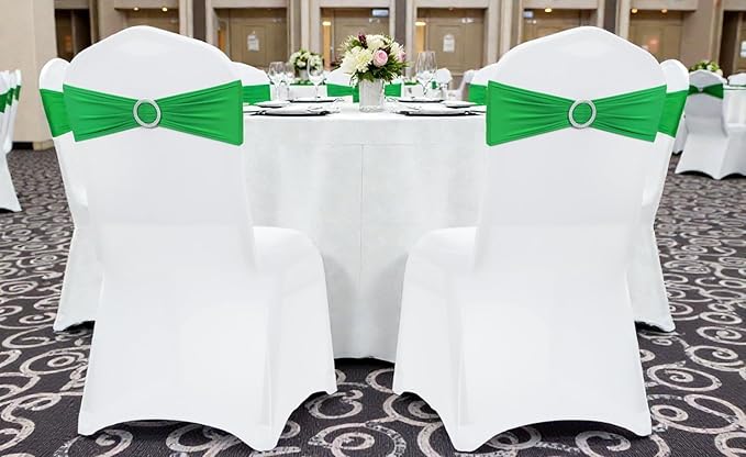VDS - Light Green | Spandex Chair Sashes Bows | 50 PCS | Stretch Elastic Banquet Universal Folding Chair Band Tie with Silver Buckle Slider for Wedding Party Conference Celebration Event Decoration
