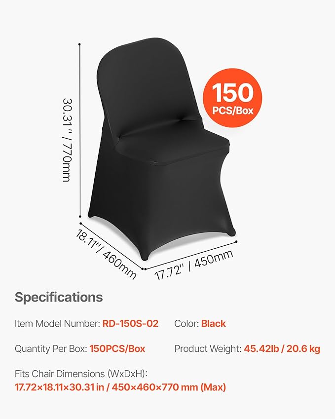 VEVOR Chair Covers, Polyester Spandex Chair Cover, Stretch Slipcovers for Wedding Party Dining Banquet Flat-Front Chair Covers (Black-c, 150PCS)