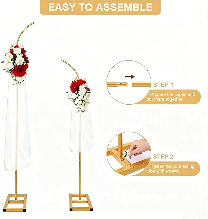 Balloon Arch Stand Set of 2, Gold Wedding Arches Backdrop Stands, Half Arch Balloon Stand with Base for Birthday, Wedding, Baby Shower Decorations (7.9FT&6.7FT)
