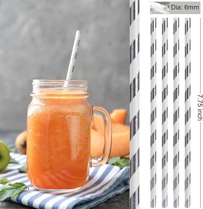 ALINK 100 Silver and White Striped Paper Straws, Biodegradable Disposable Drinking Straws for Christmas, Brithday, New Year, Party Decoration Supplies