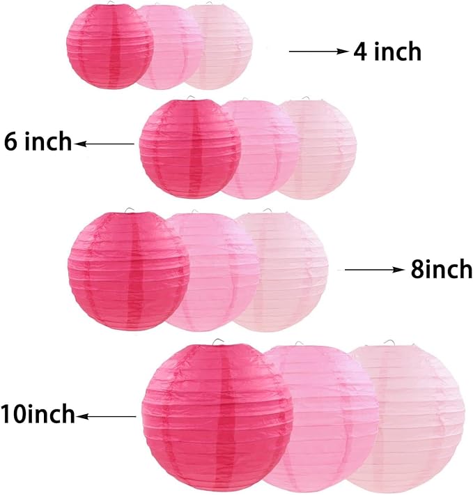 CC wonderland zone 12pcs Pink Hanging Paper Lanterns,Round Paper Lanterns for Baby Shower Wedding Valentine's Day Engagement Birthday Party Decorations