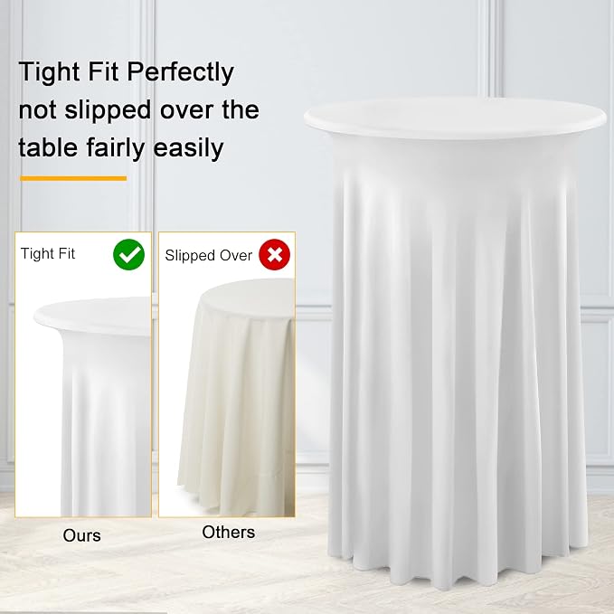 4 Pack White Round High Top Table Cloth 36x43 Inch, Wrinkle Free Stretch Spandex Tablecloths with Skirt, for Party Banquet Birthday Bar