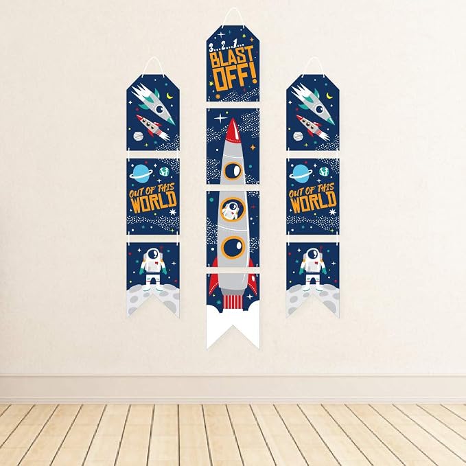 Big Dot of Happiness Blast Off to Outer Space - Hanging Vertical Paper Door Banners - Rocket Ship Baby Shower or Birthday Party Wall Decoration Kit - Indoor Door Decor