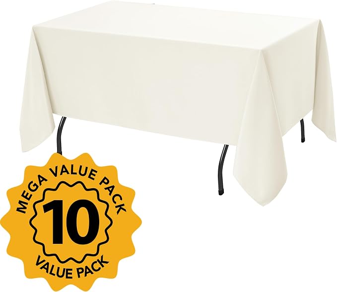 10-Pack Ivory Tablecloths for Rectangle Tables, 70 x 108 Inches, Stain-Resistant Polyester Fabric for 6 Foot Tables - Washable Table Covers for Weddings, Banquets, Birthday Parties, Events