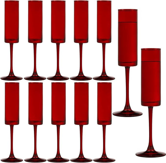 12 Pieces Red Champagne Flutes 6 OZ Straight Sided Wine Glasses Champagne Long Stem Drinking Colored Glasses,Set of 12 Hand Blown Champagne Flutes Goblets for Wedding Cocktail Cups,Cava, Prosecco