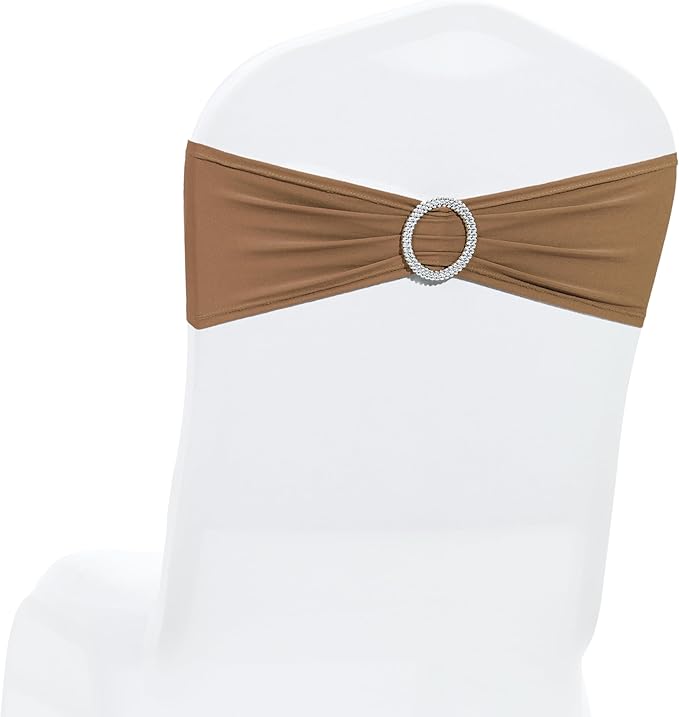 MDS Pack of 50 Spandex Chair Sashes Bow Premium Stretch Chair Cover Band with Buckle Slider Universal fits Elastic Dining Chair Ties for Wedding Party Banquet Events Decoration - Mocha