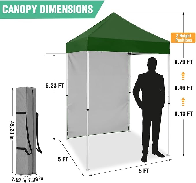 5x5 Pop Up Canopy Tent with One Sidewall, Instant Portable Beach Canopy, Outdoor Tent with Carry Bag for Camping, Sports, Tailgating, Events, Green