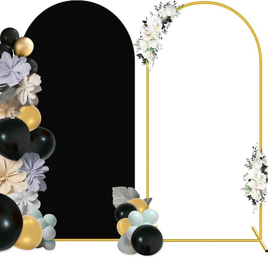 PLULON 7.2FT Metal Arch Backdrop Stand and Wedding Arch Cover Set Wedding Arched Frame Balloon Arch Backdrop Stand for Party Birthday Baby Shower Bridal Banquet Ceremony Decoration (Black Cover 7.2FT)