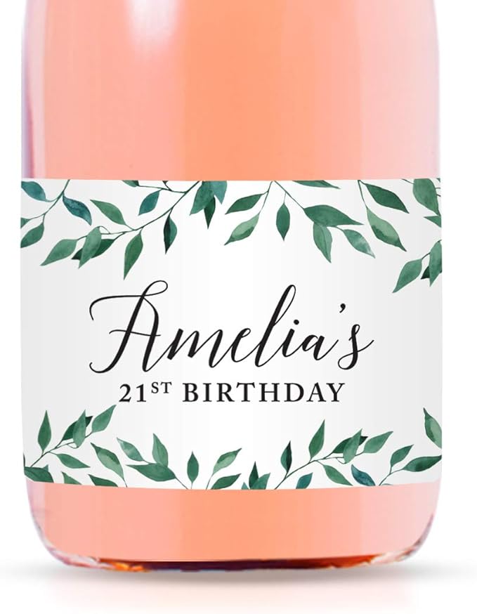 Andaz Press Personalized Birthday Mini Wine Labels for Bottles, Greenery Green Leaves 20-Pack Custom Mini Champagne Bottles Bulk Waterproof Mini Wine Bottle Labels Party Favors Adults Birthday