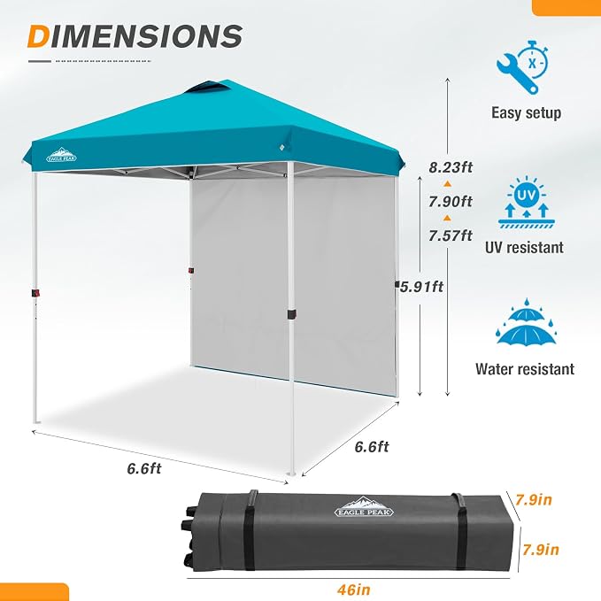 EAGLE PEAK Commercial Canopy 6.6x6.6 Pop Up Canopy Tent with 1 Sidewall, Easy Setup Heavy Duty Instant Event Shelter for Vendors & Markets, Outdoor Sun Shade, Turquoise