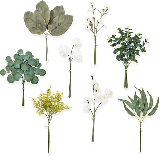TINGE TIME Artificial Greenery Stems Box Set, 41pcs with 8 Kinds Faux Greenery Stems and Flowers Bulk Fake Peony for Wedding DIY Bouquets Table Centerpieces Floral Arrangement Wedding Home Decor
