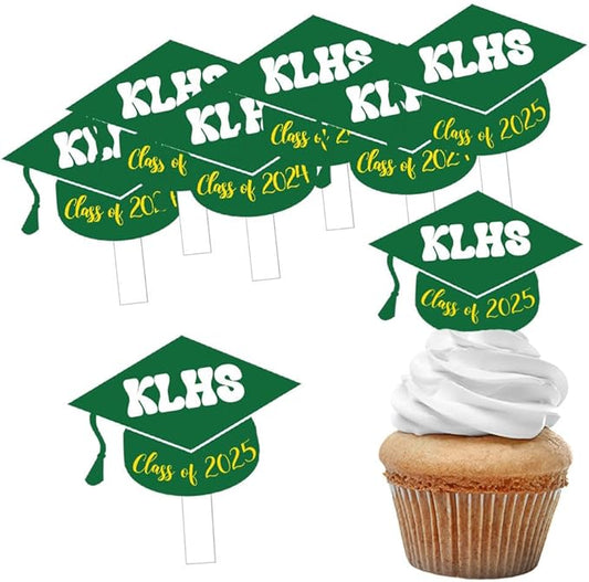 Cupcake Toppers Graduation Class of 2025 Green School Colors Student or Party Favors Acrylic Food Picks or Cake Accessories Personalized with Custom Name - 12 Piece Set