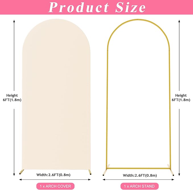 Putros Arch Backdrop Stand and Cover Set, 6ft, Gold Arch Stand with Beige Cover, Metal Arched Background Frame for Wedding, Birthday Party, Baby Shower, Photography Decoration
