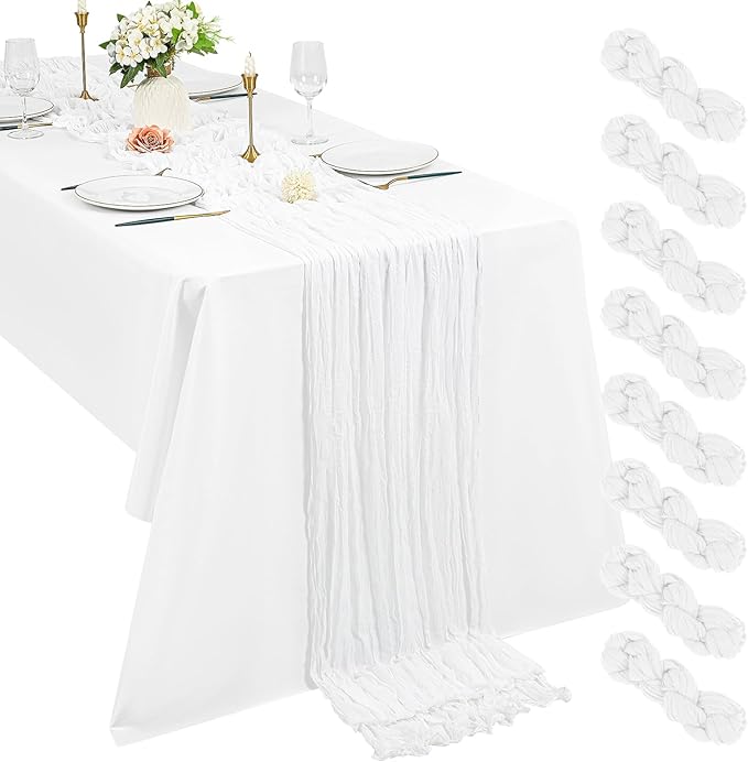 Pesonlook 8 Pack Cheesecloth Table Runner, 10Ft Boho Gauze Table Runner 35×120 Inch Rustic Romantic Long Table Runner for Wedding Party Bridal Shower Thanksgiving Christmas Decoration (White)