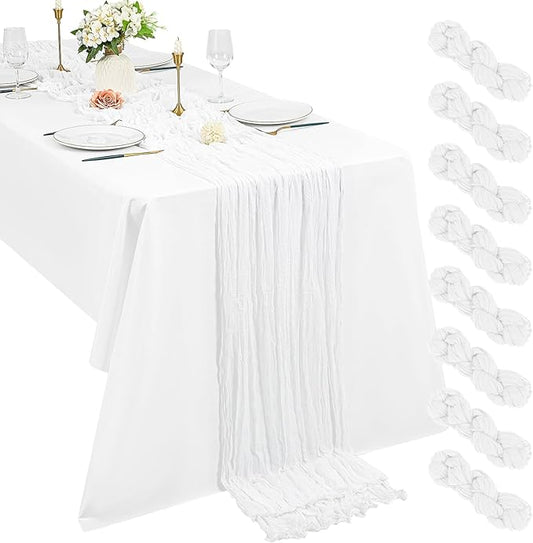 Pesonlook 8 Pack Cheesecloth Table Runner, 10Ft Boho Gauze Table Runner 35×120 Inch Rustic Romantic Long Table Runner for Wedding Party Bridal Shower Thanksgiving Christmas Decoration (White)