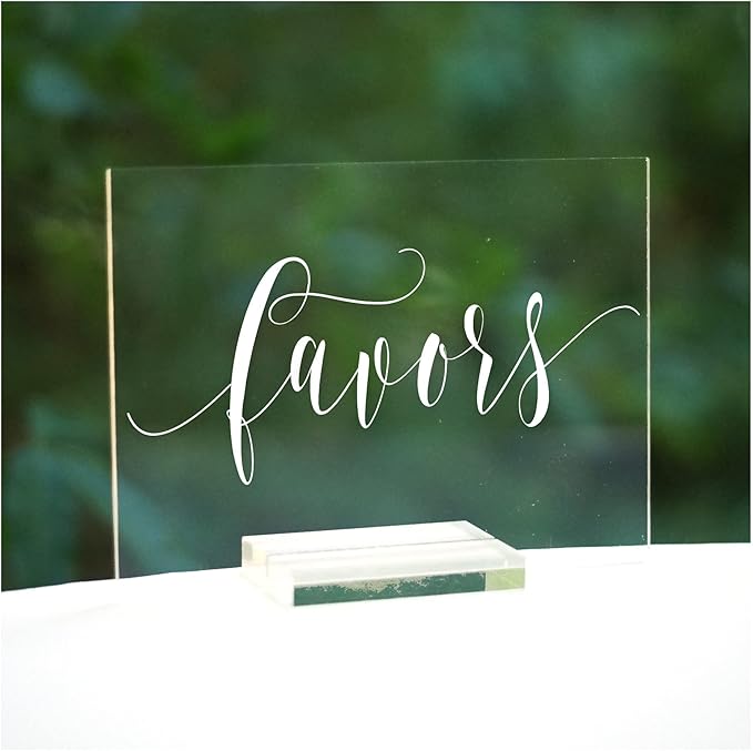 Cedar and Ink Favors Acrylic Calligraphy Sign with Stand, Acrylic Wedding Signs Cursive Lettering, Clear Lucite Glass-Like Gift Table Decor or Wedding Cards Sign, Reception, Stand Included