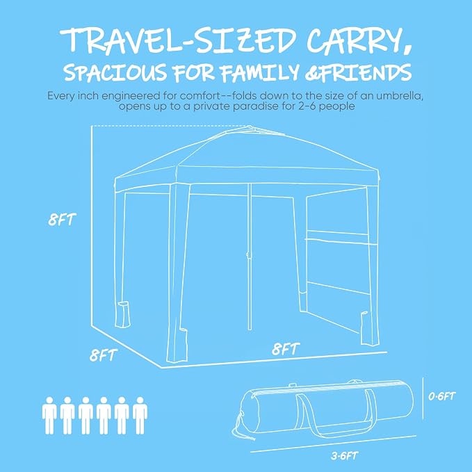 Sekey Beach Cabana - 8x8 FT Easy Setup Beach Shade Canopy UPF 50+ Sun Shelter with Sandbag & Side Wall, Large Portable Outdoor Tent for Family, Light Blue Stripe