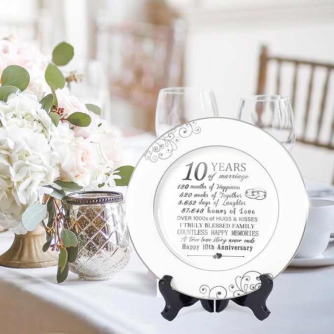 Urllinz 10th Anniversary Plate with Platinum Foil Decorations - 10 Year Wedding Tin Gifts for Her Couples Wife Him Husband, Ceramic 9"