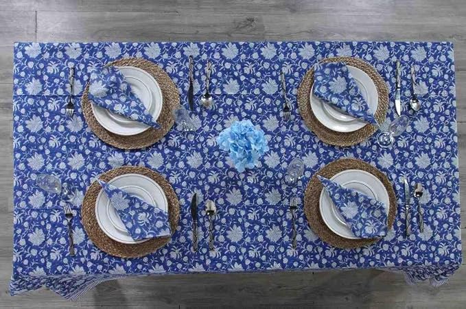 Ridhi Dark Blue Hand Block Print Cotton Rectangle Tablecloth 190" x 72" inches Reusable Table Cover Decorative Everyday Use for Dining Room, Farmhouse, Home Gift for Spring, Mother's Day