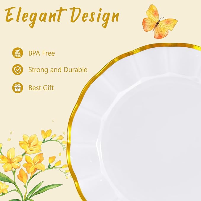 ejonirinjonir EI 150pcs White Plastic Plates with Gold Plastic Silverware,Disposable Plate Heavy Duty,White Dinnerware Set,Elegant Plates for Party,Wedding,Afternoon Tea,Spring,Valentine's Day
