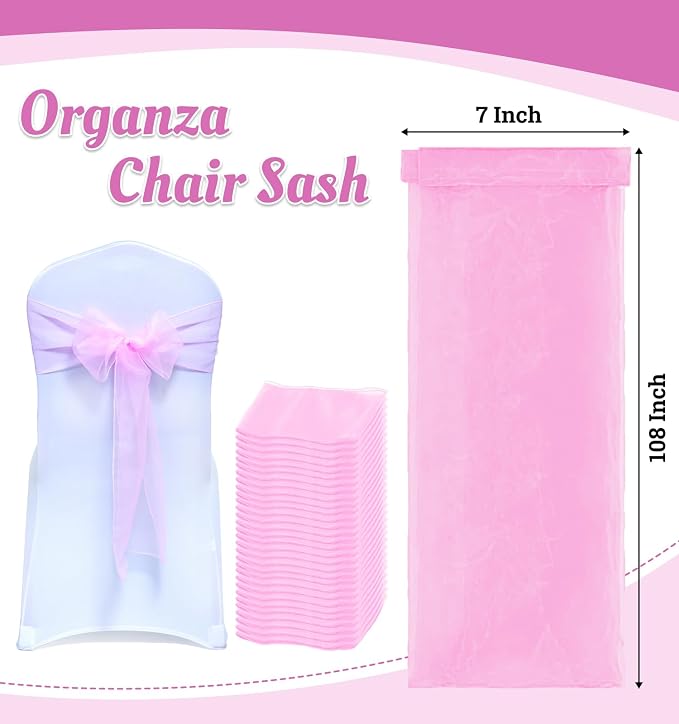 MDS® Pack of 25 Organza Chair Sashes for Wedding Decoration, Reusable Sheer Chair Bows for Banquet Chair Cover, Reception, Bridal Shower, Baby Shower, Birthday Party & Special Events - Pink