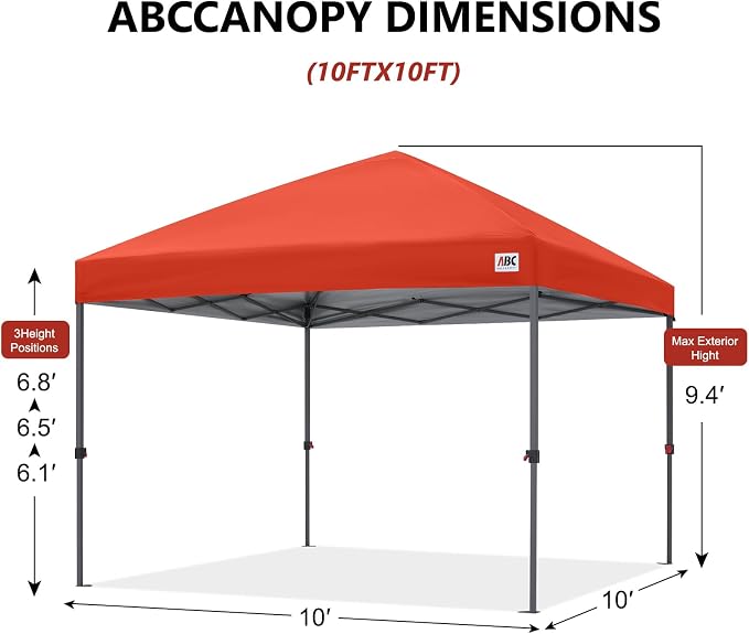 ABCCANOPY 10x10 Pop Up Canopy Tent, Easy Setup Instant Shelter with Wheeled Bag, Heavy Duty Outdoor Canopy for Beach, Market, Backyard, Outdoor Weather Protection (Reddish Orange, 10x10)