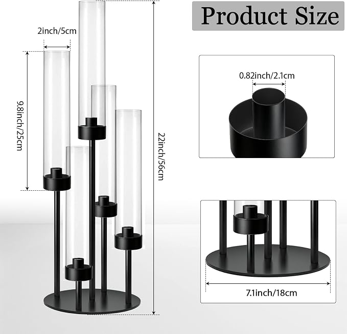 2Pcs 5-Arm Black Metal Table Candelabra Centerpiece, 22" Tall Acrylic Clear Candlesticks Holder with Shade for Valentines Day Events Party Table Centerpiece,Fit LED Candles