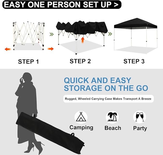 Northroad 10x10ft Pop Up Canopy, Popup Outdoor Canopy Tent with Wheeled Carrying Bag,Portable Gazebo Shelter for Patio,Deck,Garden,Beach（Black）