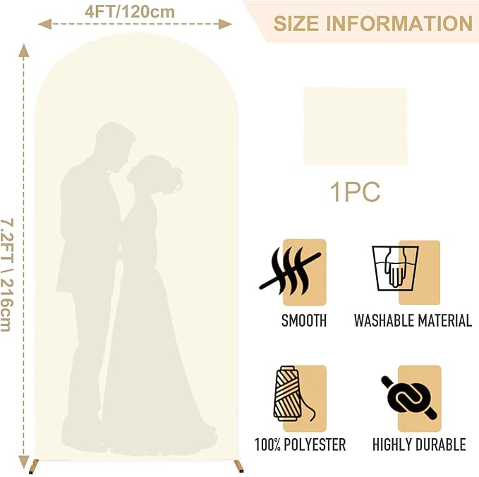 FANPROMS Wedding Arch Cover Ivory 4x7.2FT Spandex Fitted Arch Cover Backdrop Fabric Chiara Round Top Arch Covers Stretchy Backdrop 2-Sided Arch Stand Covering for Wedding Birthday Balloon Arch Frame