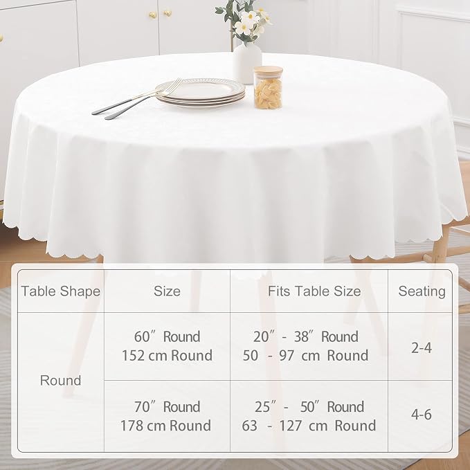 Smiry Round Table Cloth, Waterproof Heavy Duty Vinyl Tablecloths, Wipeable Washable Table Cover for Kitchen and Dining Room (White, 60" x 60")