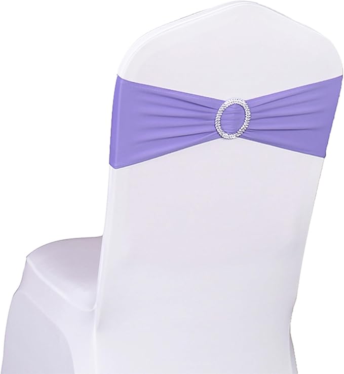 100 PCS Spandex Lavender Chair Sashes for Wedding Stretch Light Purple Chair Bows Bands with Buckle for Party Banquet Birthday Engagement Outdoor Events Decorations