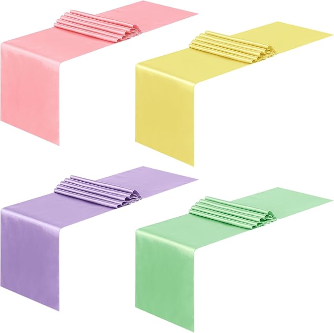Aneco 12 Pack Satin Table Runner 12 x 108 Inch Pastel Rainbow Long Wedding Satin Silk Table Runner for Wedding Banquet Graduations Birthday Party Decoration