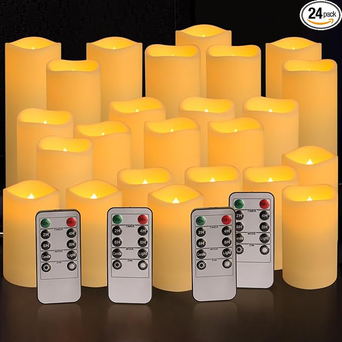 YOROXRG Set of 24 Waterproof Outdoor Flameless Candles, LED Candles with 4 Remote and Timer,(H 4" 5" 6" x D 2.2"),for Christmas,Halloween,Wedding,Festival