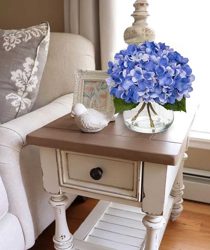 Hollyone Blue Hydrangea Artificial Flowers with Vase Silk Blue Hydrangeas Fake Flowers Arrangements Floral Bulk Bouquet in Glass Vase with Faux Water for Bathroom Table Centerpiece Home Decorations