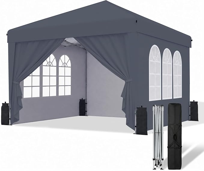 SANWAY 10x10 Pop Up Canopy with Sidewalls, Easy Setup Instant Canopy Tent, Portable with Carry Bag for Outdoor Events, Camping, and Backyard Parties – Dark Gray