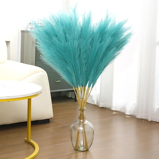 43" Tall Pampas Grass Decor - 8 PCS Faux Pampas Grass Flower Arrangement and Vase Filler for Boho Home Wedding Mothers Day Decoration (Lake Blue)