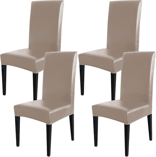 Qubjus Dining Chair Covers, Solid Pu Leather Waterproof Oilproof Stretch Dining Chair Protector Cover Slipcover (Khaki, 4 Pack)